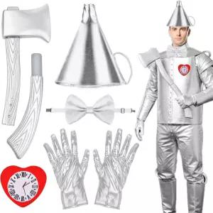 성인 할로윈 파티용 실버 틴 코스튬 액세서리 세트 깔때기 모자 장갑 도끼 보타이 코스프레 의상 5종