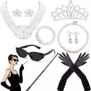 9pcs Hepburn 스타일 의상 1920년대 액세서리 20대 홀리 골라이틀리 진주 목걸이 귀걸이 장갑 T s 주얼리
