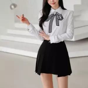 여친 치마 미니 투피스 블라우스 허리여밈 긴팔 셔츠+ 세트 데일리 A라인 리본 봄가을 SPO마켓3