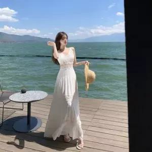 원피스 여친 여행 오프 롱스커트 펀칭 나시 해변 바캉스룩 레이스 레이어드 SPO마켓1