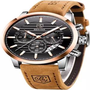 벤야르 쿼츠 크로노그래프 방수 시계 비즈니스 및 스포츠 디자인 가죽 밴드 스트랩 남성용 손목시계