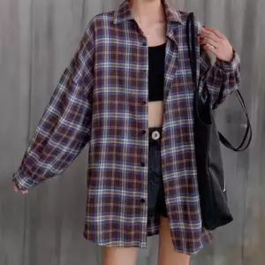 [신상오픈런]여성 빅체크 면혼방 롱 루즈핏 셔츠 (41571446)