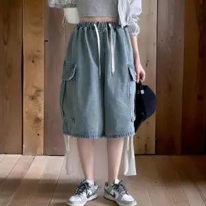 [신상오픈런]여성용 벌룬 반바지 여름 카고 스타일 밴딩 청바지 (32776942)