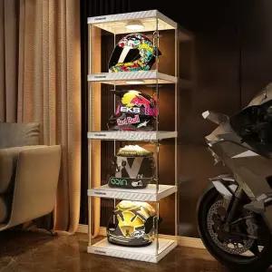 바이크 헬멧 수납장 모자 3단 화이트 3개 + 리모컨 조명 케이스 야구 보관함