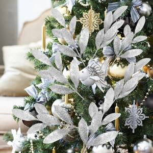 10/1Pcs 반짝이 인공 잎 플라스틱 골드 실버 올리브 DIY 크리스마스 트리 장식 가짜 식물 홈 웨딩 파티 De