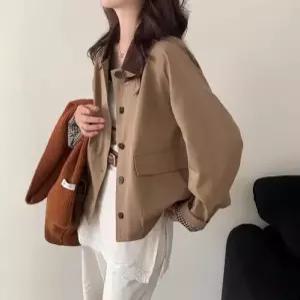 여성용 가을 칼라 쇼트 상의 코트 세련도도녀 체크 재킷 OOTD3