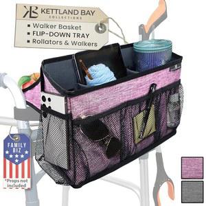 플립다운 워커 트레이가 있는 접이식 바구니 | 핸디한 지팡이/리처 스트랩 & 컵 홀더 바퀴가 워커용 가방, 캐디플럼용 액세서리 정리함