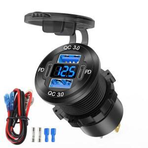 78W 12V USB 콘센트 4포트 자동차 충전 소켓, 듀얼 PD C 및 퀵 차지 3.0포트 알루미늄 충전기, 볼트미터 DIY 키트 방수 기능 포함 카 보트 해상 오토바이 RV ATV 트럭 골프 카트