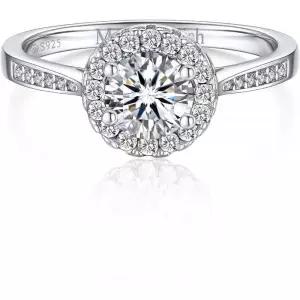 RGEMCY 1캐럿 라운드 모이사나이트 약속 반지 925 스털링 실버 헤일로 약혼 결혼 기념일 반지, 모이사나이