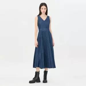 시슬리 브이넥 플리츠 절개 데님 원피스_SAOP07441BL 289068