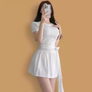 [신상오픈런]여성 심플한 코튼 허리 리본 미니 반팔 원피스 (39394035)