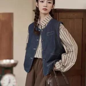 여성 데님 캐주얼 빈티지 싱글 라운드 슬림핏 민소매 조끼 원픽1