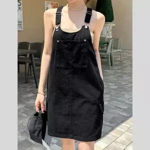 [바이어스]라운드넥 A라인 루즈핏 끈 카고 포켓 미니 멜빵 원피 (18136851A)