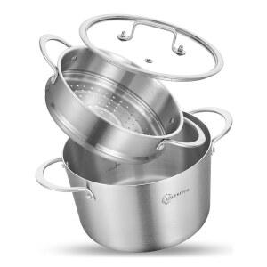 스티머, 인덕션 쿠킹 포트, 냄비 및 프라이팬, 헤비 듀티, 식기세척기 오븐 금고가 포함된 3겹 스테인리스 스틸 5QT 스톡 포트.