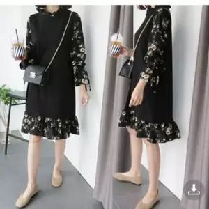 F56080 루즈핏 소매 밑단프릴 플라워배색 긴팔 원피스