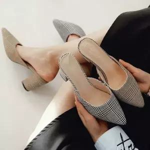 체크 뮬 여성 구두 가보시 블로퍼 펌프스 힐