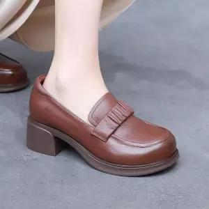 여사친 봄 가을 캐주얼 빈티지 플랫 리얼 가죽 로퍼 소 작은 구두 사계절 단화 패피3