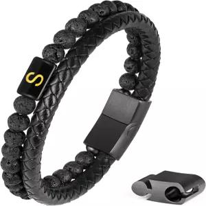 남성용 선물용 FOCOG 가죽 팔찌 - 프리미엄 천연 라바 락 매트 게이트 조절식 스테인리스 스틸 마그네틱