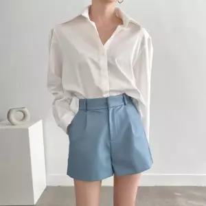 [바이어스]레더 숏 반바지 여자 가죽 3부 밴딩 팬츠 코디 룩 (6697050A)