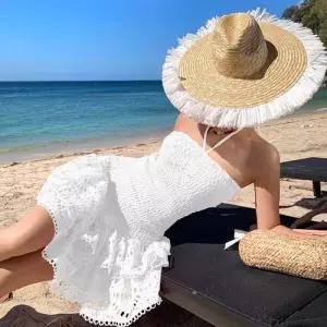 스커트 원피스 미니 여친 노출 자수밑단 예쁜 해변바캉스 프릴 쇼트 A라인 어깨 허리밴딩 해변휴가 튜브톱