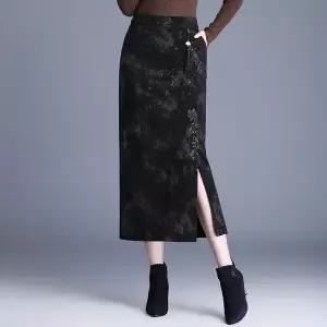 치마 롱 여성패션 H라인 자가드 힙업 가을겨울 일자 절개 원턱 DL4