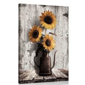 소박한 해바라기 캔버스 벽 아트: 빈티지 플라워 그림 프린트 농가 장식 - 침실 홈 오피스를 위한 플로럴 포트 포스터 액자 아트워크 10인치 x 15인치