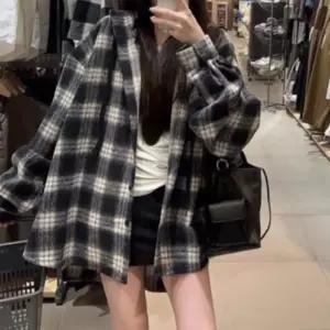 [옷자락] 여성 일상용 오버사이즈 체크 후드 셔츠