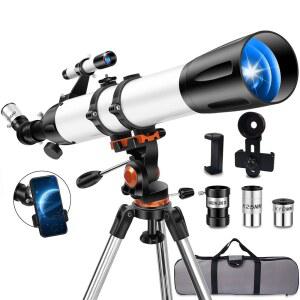 Uonol 망원경 고출력 90mm 구경 800mm(32X-240X), AZ 마운트 삼각대, 휴대폰 어댑터, 캐리백(80090화이트) 천문학 초보자용 굴절