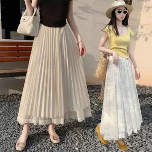 봄 치마 여성 롱 망사 쉬폰 슬림핏 양면에 레이스 자수 플리츠 원픽1