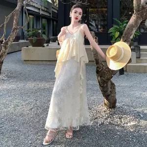 여자 스커트 롱 브이넥 해변 나시 자수 바캉스 쉬폰 포토 레이스 원픽1
