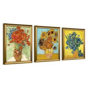 위코 아트, 빈센트 반 고흐의 붉은 양귀비와 데이지 해바라기 꽃병으로 벽과 가정 장식용 캔버스 프린트 청동 금테 3 패널 액자 제작