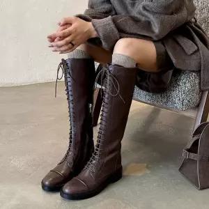 여성용 롱 신발 무릎 사이드 트렌디 부츠 메일라드 웨지힐 아이템 슬림 중굽 가죽 리얼 힐펌프스 스트랩 지