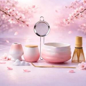 말차 거품기 세트 핑크 키트 차 체 세트에는 포함되어 8개의 티 위한 그릇 포함된 홀더 스쿱 대나무 애호가를 타월 휴식 선물이 캐디 스파우트가 세라믹