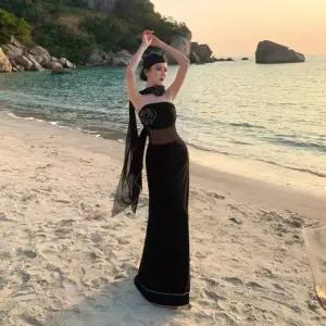 세군다 여성용 원피스 롱 검정 시폰 탑 이브닝드레스 예쁜 쉬폰 DOS1