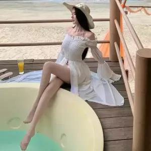 세군다 원피스 여사친 어깨 셔링 바캉스룩 일자 쉬폰 시폰 프렌치 롱스커트 DOS1