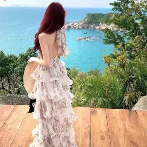 세군다 원피스 여성용 홀터넥 시폰 브이넥 프렌치 쉬폰 바캉스룩 프린트 롱스커트 캉캉 DOS1