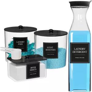 3+1 팩 세탁 포드 용기 건조 시트 홀더 세제 디스펜서 뚜껑이 있는 세탁실 정리 및 보관 라벨 스쿱 향