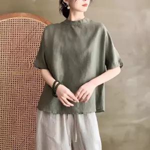 여성용 하계 도톰 맨투맨 린넨 차이나 티셔츠 풀오버 솔리드 기본 반팔 원픽1