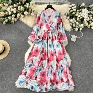 여친 스커트 원피스 미디 쉬폰 셔링 주름 프렌치도라지 슬림 레이스 퍼프소매 헤비메탈 봄가을 원픽1