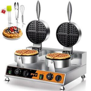 PYY 상업용 와플 메이커 - 듀얼 헤드 원형 베이커 머신, 2500W 고속 난방, 스테인리스 스틸, 논스틱 전문 레스토랑 파티 푸드 트럭용 전기 샤플