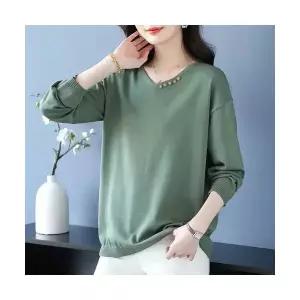 여성 브이넥티 봄가을 얇은 브이넥 니트 긴팔 티 빅사이즈 쿨링 상의 DUCHI3