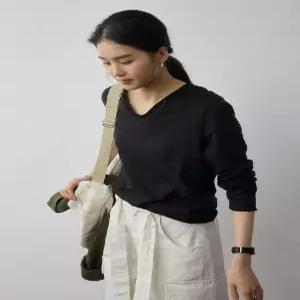여성 브이넥티 전 봄맞이 브이넥 슬럽 혼방긴팔 티셔츠 DUCHI1