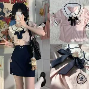 교복몰 핑크 프릴 트윈리본 마린 세라복 세트 TjY7+4OLi