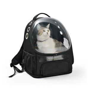 작은 고양이와 개를 위한 아마존 베이직 반려동물 캐리어 백팩, 버블 윈도우와 통기성 메쉬가 있는 접이식 여행용 캐리어, 접이식, 블랙