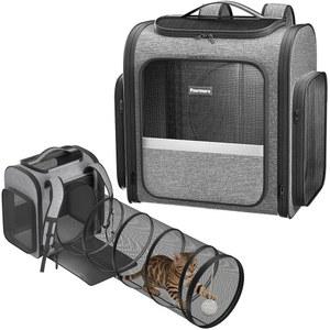 탈부착 가능한 놀이 터널이 있는 고양이 백팩, 휴대 및 놀이에 적합한 2 in 1 터널 소형 강아지를 위한 확장형 개 여행 하이킹 캠핑에 적합합니다