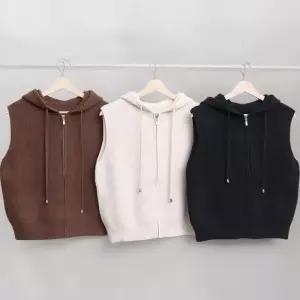 [신상오픈런]여성 골지 후드 집업 기본핏 민소매 울 니트 조끼 (39387225)