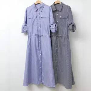 [신상오픈런]롤업 스트라이프 플레어 칠부 긴팔 셔츠원피스 허리끈 (31607044)