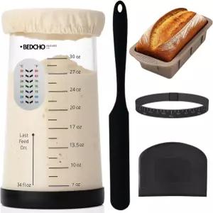 피딩 밴드 온도계 주걱 반죽 스크레이퍼 천 커버 및 실리콘 뚜껑이 있는 사워도우 스타터 키트 병 재사용