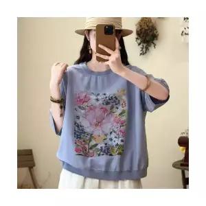 여성 프린트티 큰 리넨 티셔츠 봄 프린트 슬림핏 톱 DUCHI1