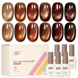 GAOY 브라운 캣 가을 젤 네일 폴리시 세트 자석 6가지 색상 샴페인 모카 골든 글리터 홀로그래피 집에서